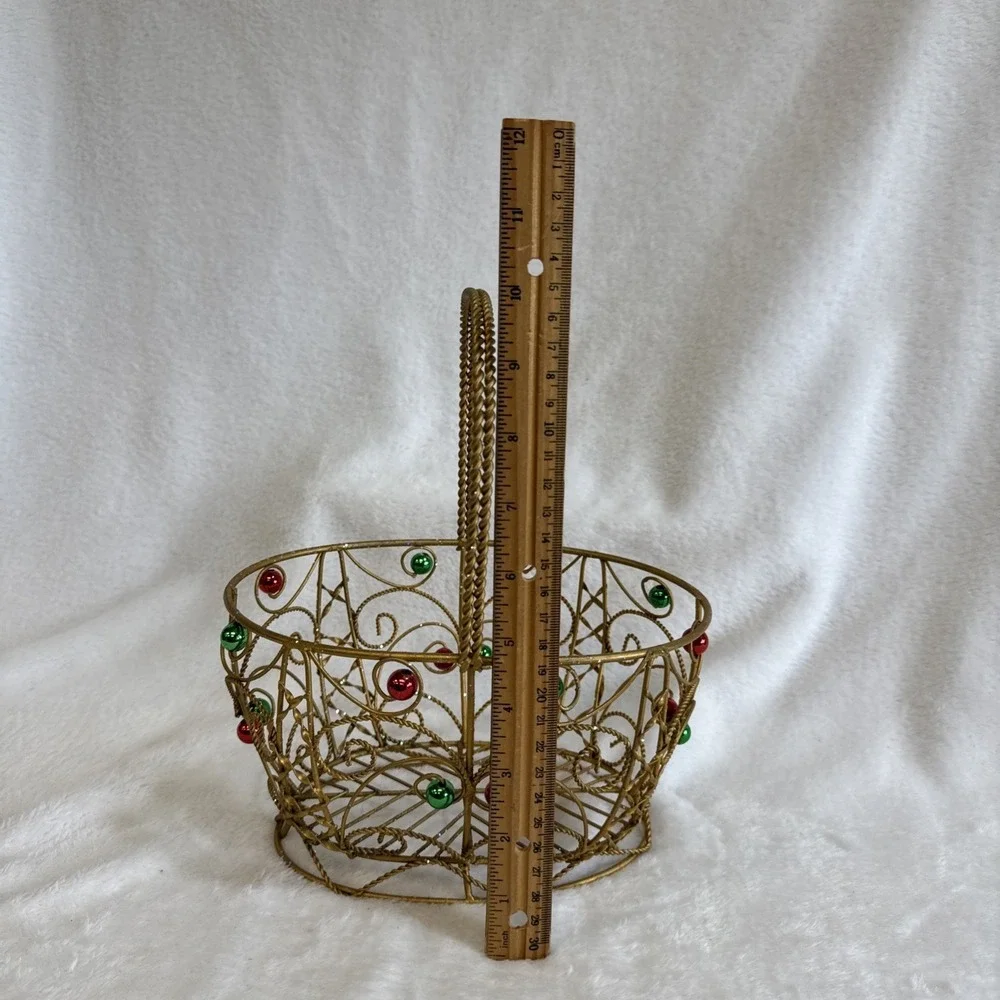 Gold‎ Wire Christmas Basket with Red and Green Ornaments Holiday Decor 11 inch